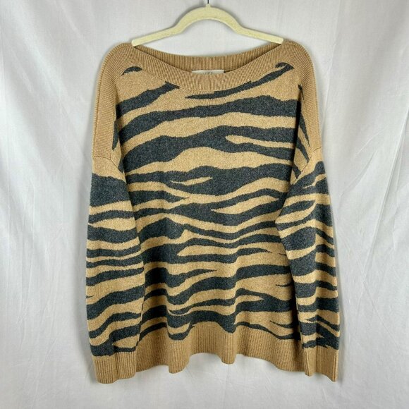 LOFT Tiger Striped Sweater Women XL Brown Gray Wool Blend Boat Neck Long Sleeves - Picture 4 of 8